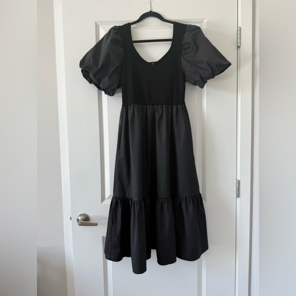 Mittoshop Black Puff Sleeve Midi Dress- L